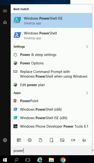 Windows start menu with powershell selected