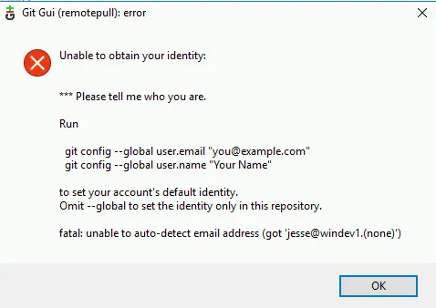 Git GUI window with error message