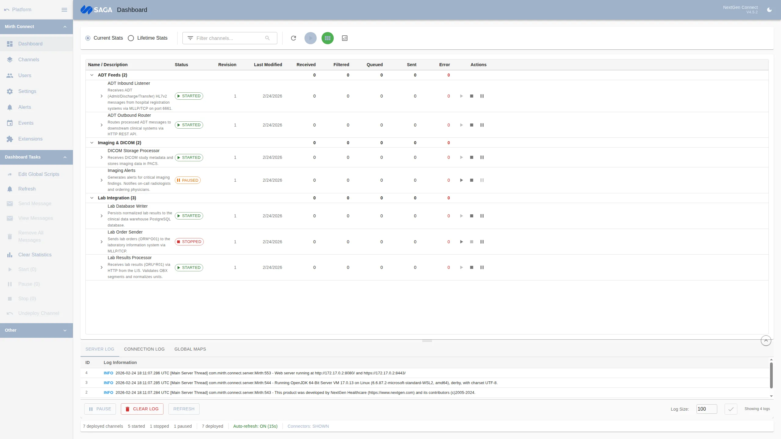 MDDS dashboard showing Mirth Connect channel monitoring with status indicators and server logs