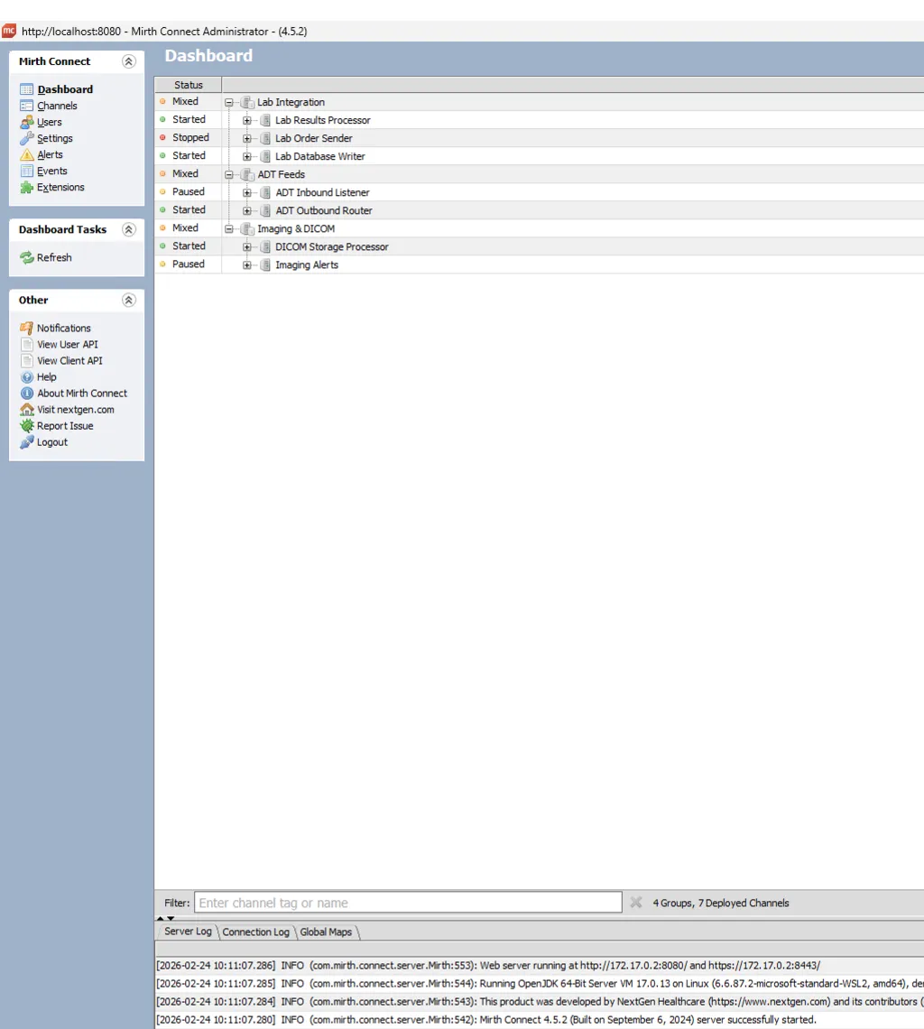 Open Integration Engine Java admin console showing channel groups, deployment status, and server logs
