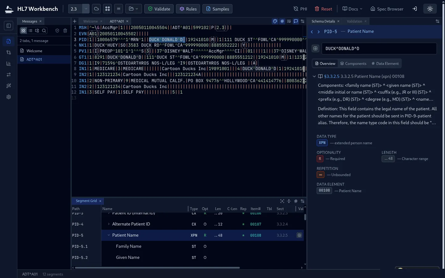 HL7 Workbench parser interface showing parsed ADT message with segment tree, field details, and syntax highlighting