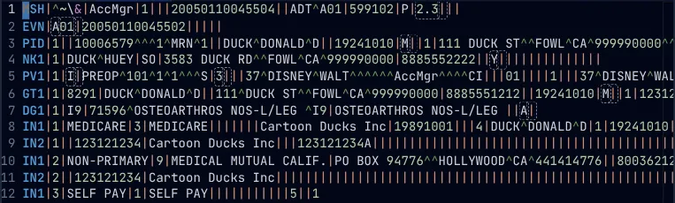 HL7 message editor showing syntax-highlighted ADT^A01 message