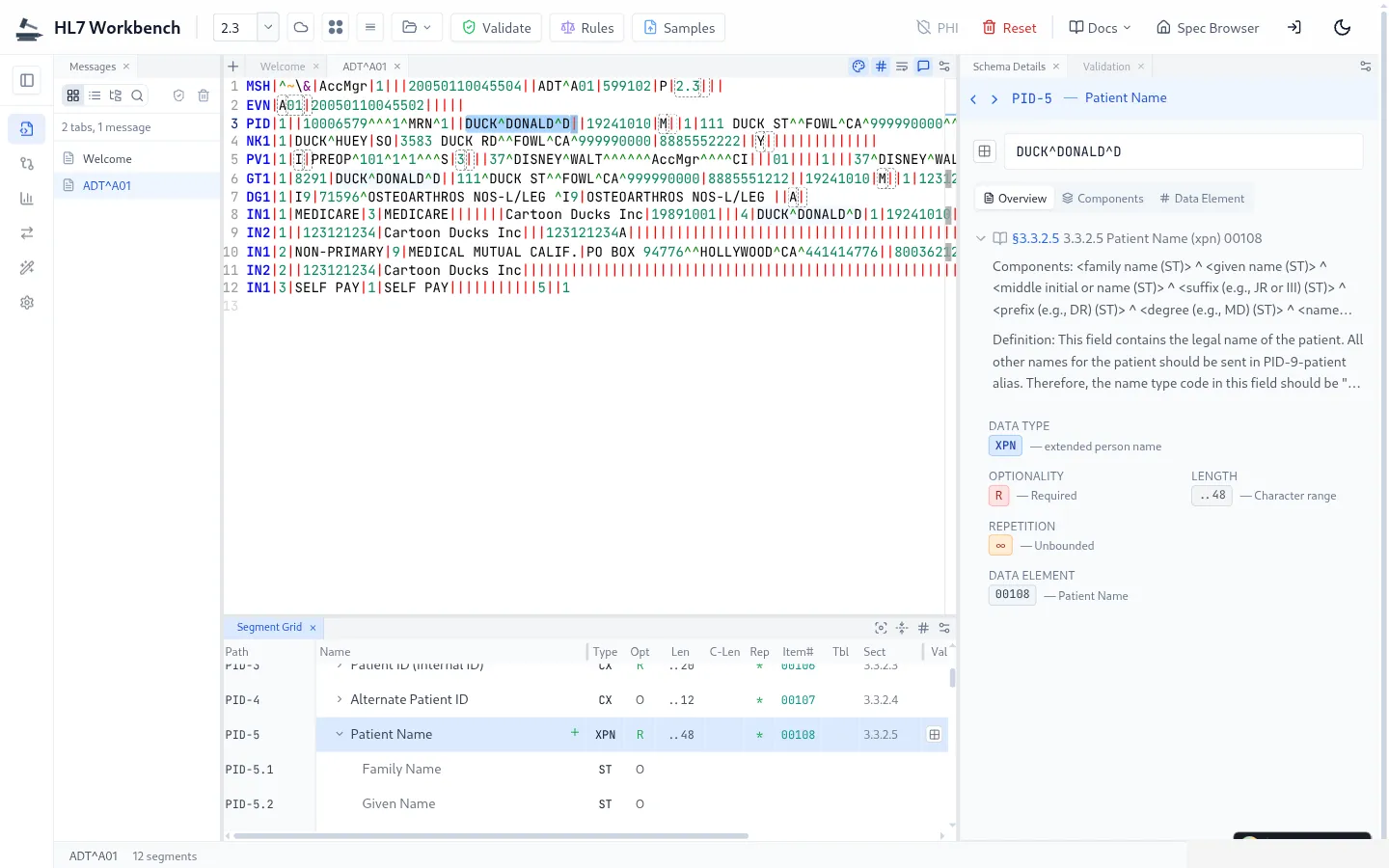 HL7 Workbench parser interface showing parsed ADT message with segment tree, field details, and syntax highlighting