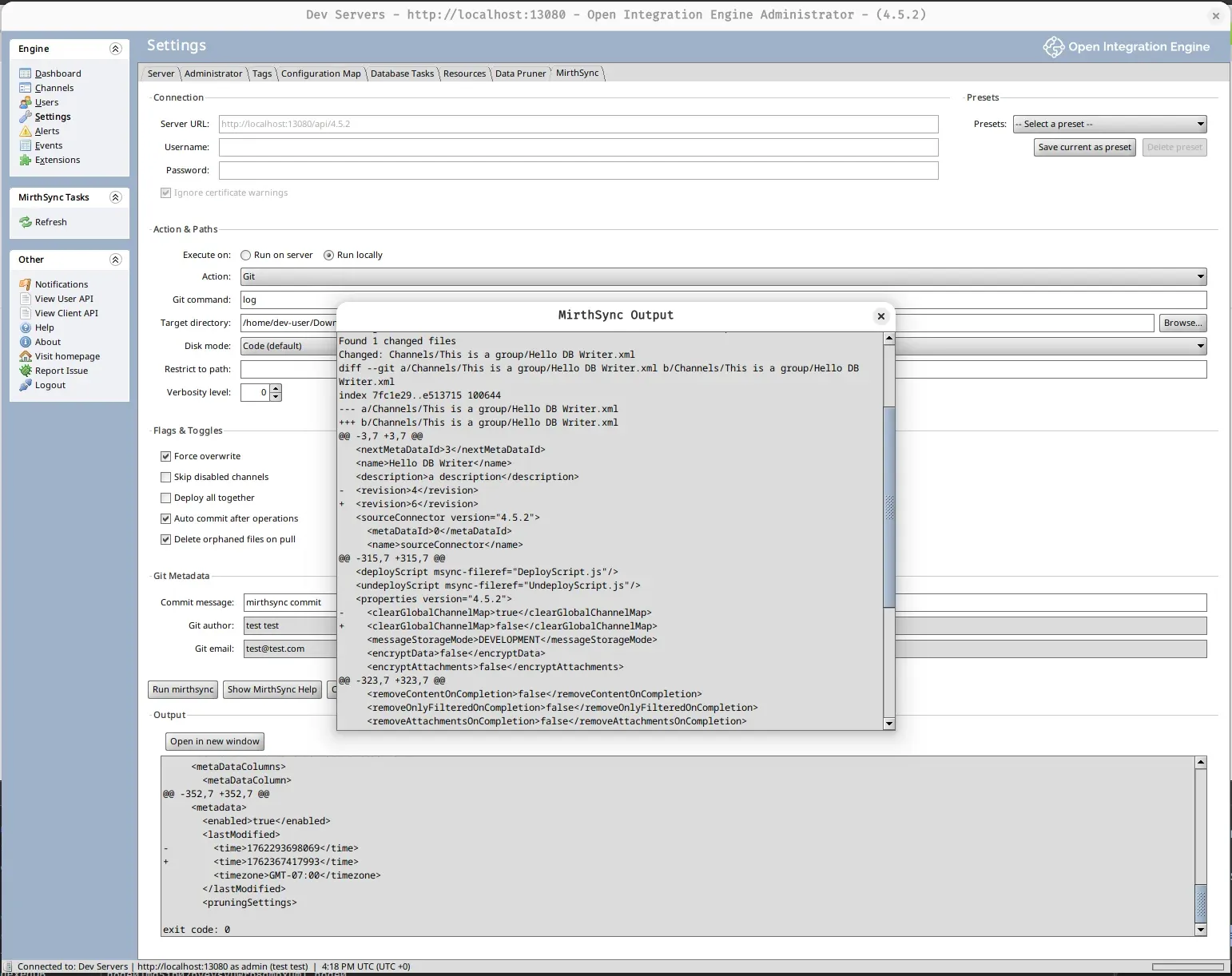 MirthSync Plugin output window showing command results