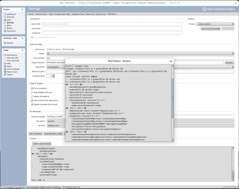 MirthSync Plugin output window showing Git diff results