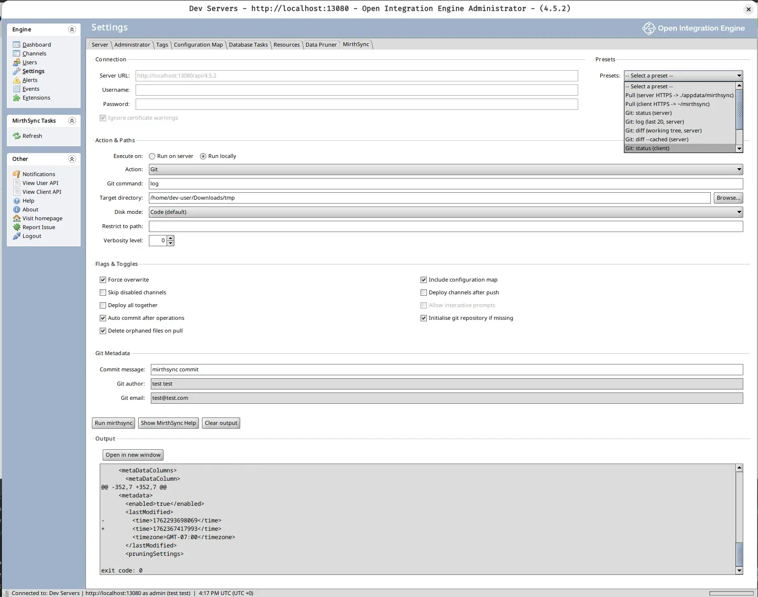 MirthSync Plugin presets and configuration dropdown