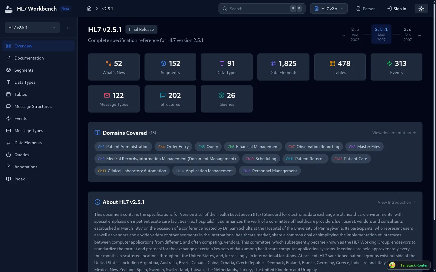 HL7 Workbench Spec Browser showing segments, data types, and tables