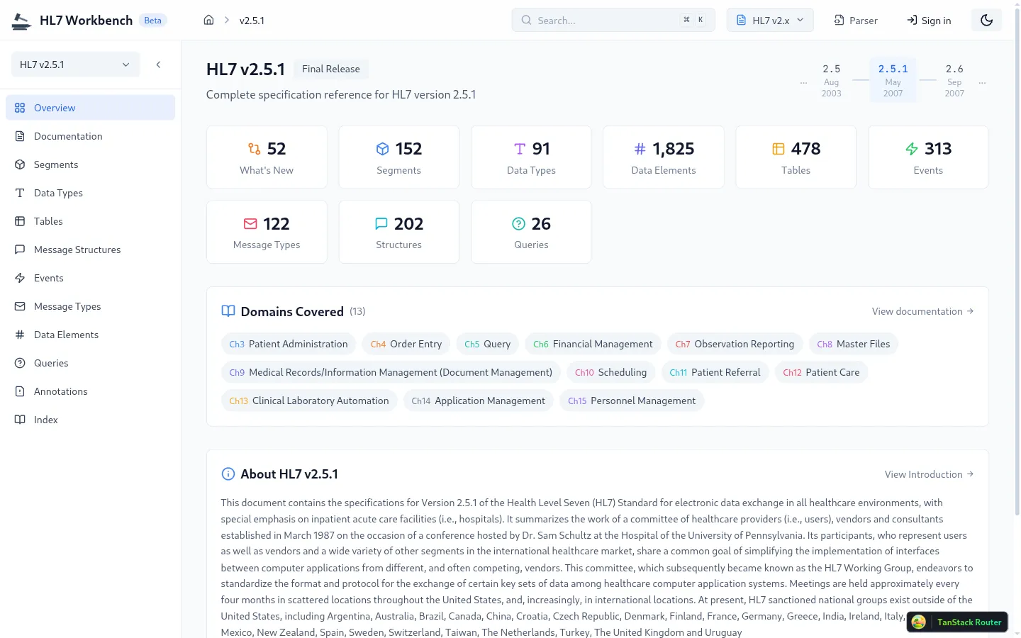 HL7 Workbench Spec Browser showing segments, data types, and tables