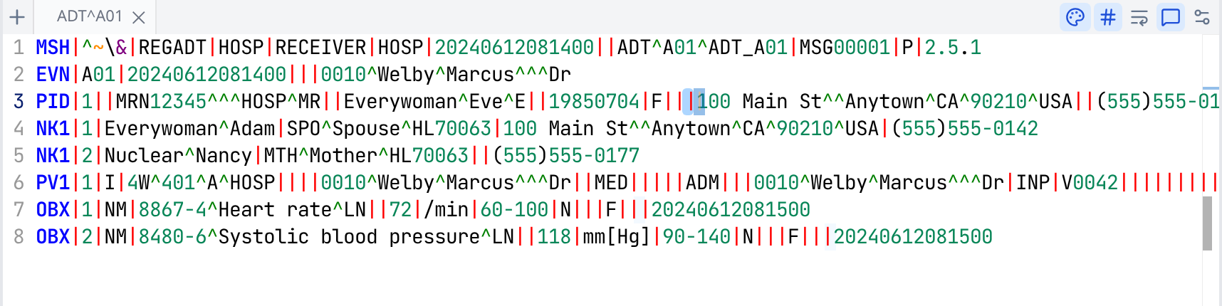 Message editor pane showing a syntax-highlighted HL7 v2 message
