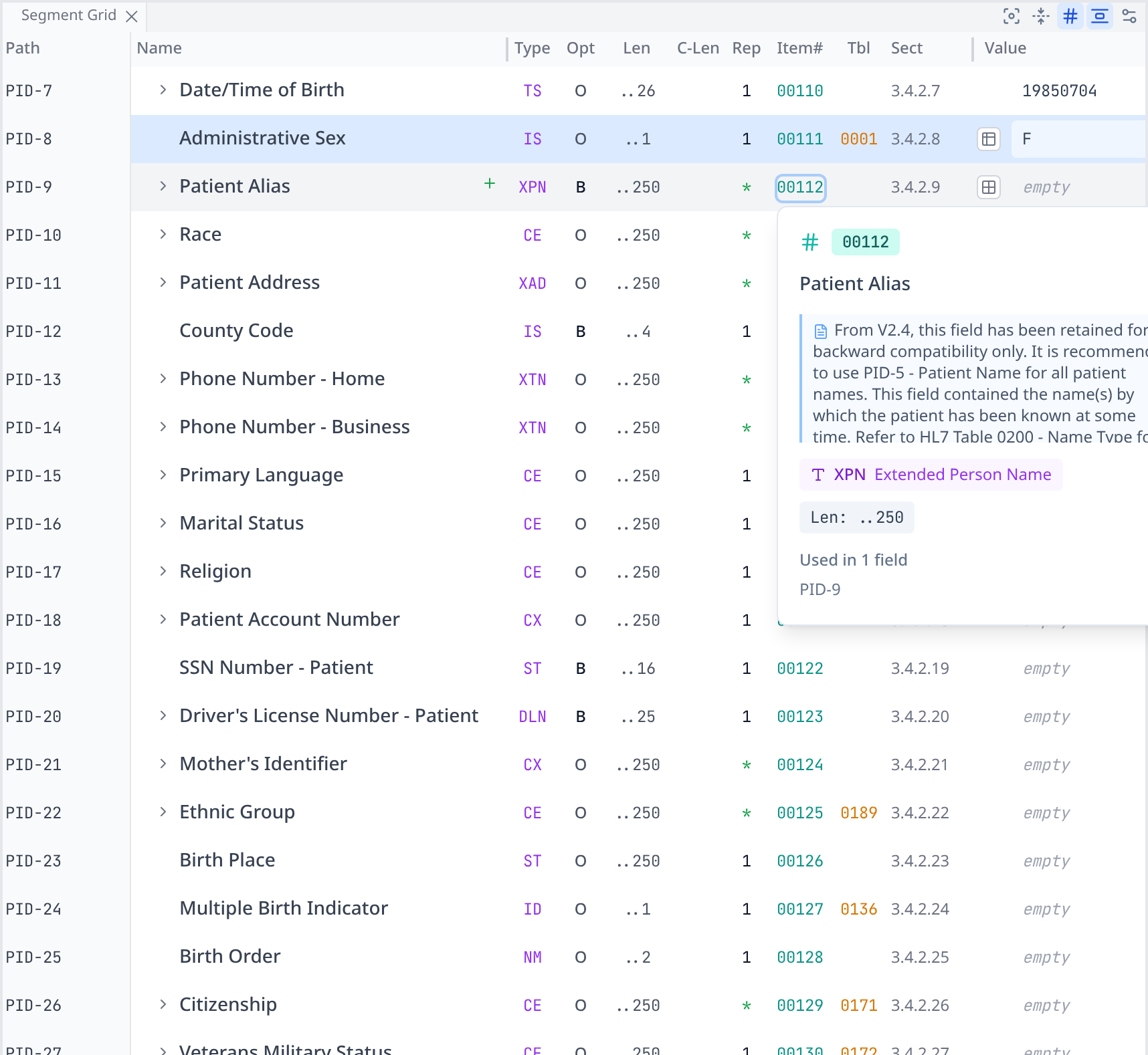 Segment grid pane listing PID fields with data types, optionality, lengths, and values