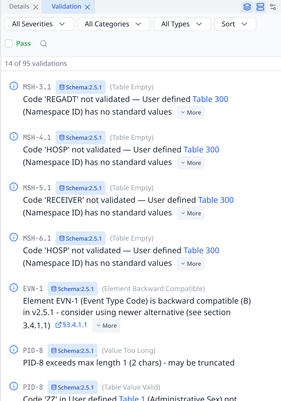 Validation pane listing errors and warnings for a parsed message