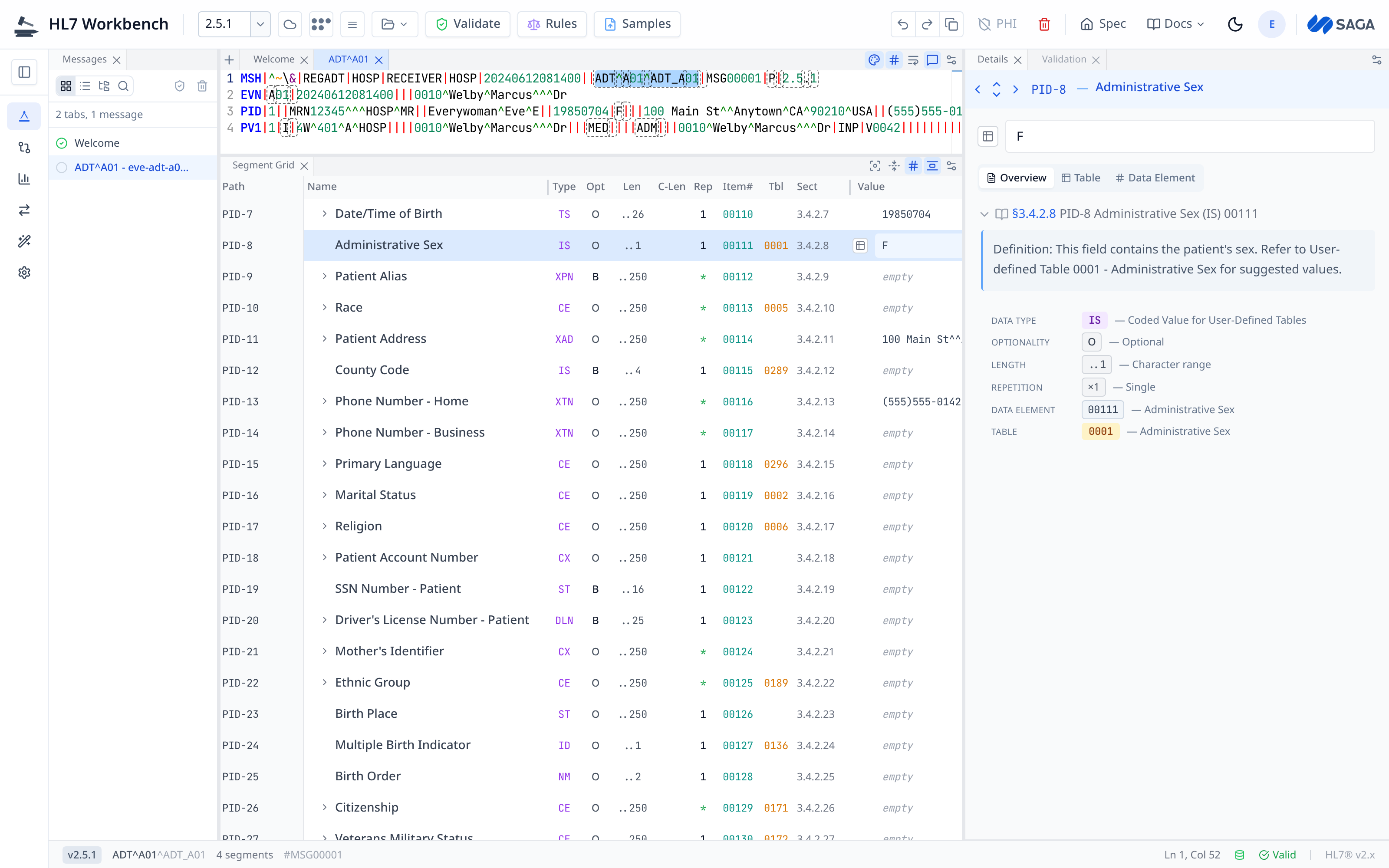 Full parser workspace: message editor above the segment grid, with the field details pane docked right