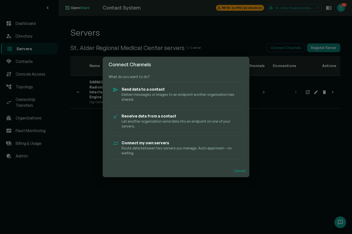 OpenShare connect wizard: choosing what to share with a partner organization