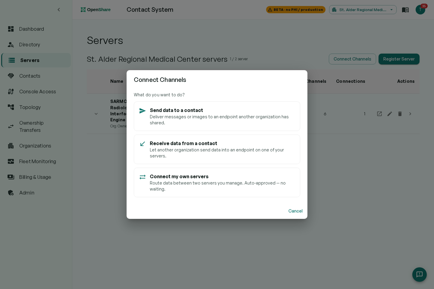 OpenShare connect wizard: choosing what to share with a partner organization
