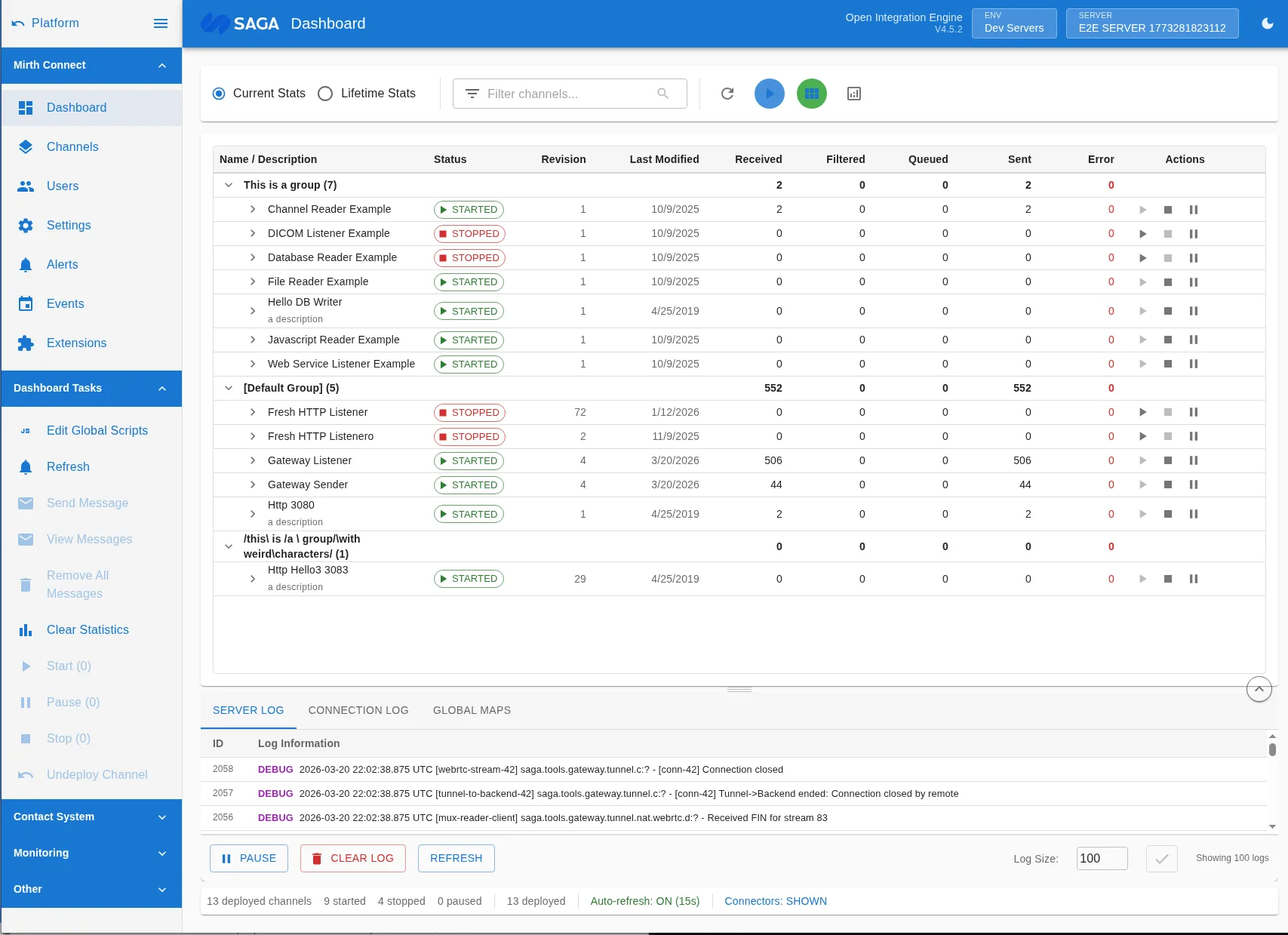MDDS Console web administration interface for Mirth Connect channel management