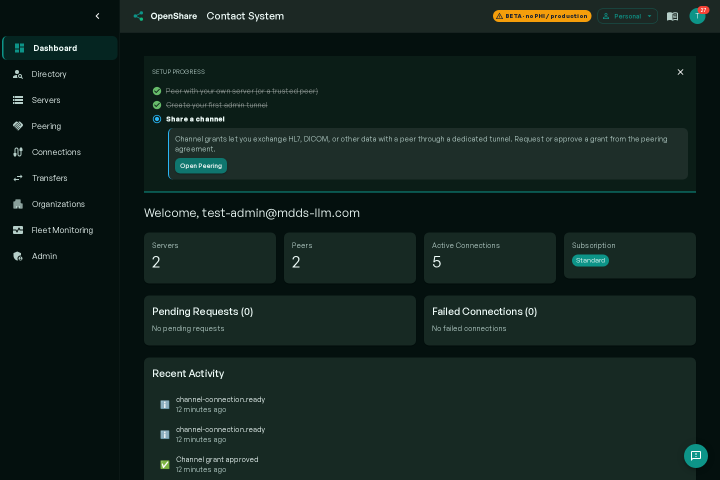 OpenShare Console dashboard with fleet health, throughput charts, and channel metrics