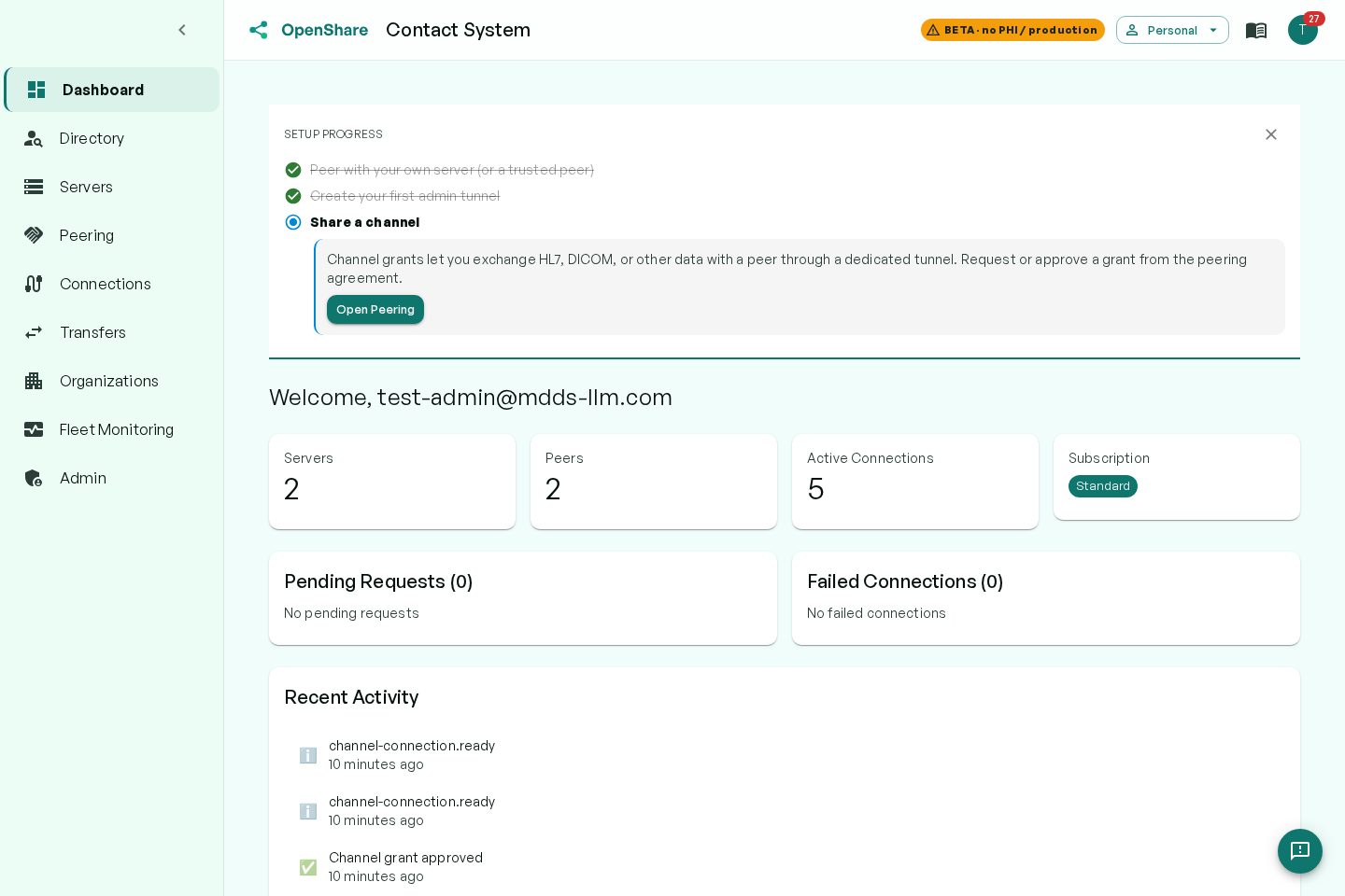OpenShare Console dashboard with fleet health, throughput charts, and channel metrics