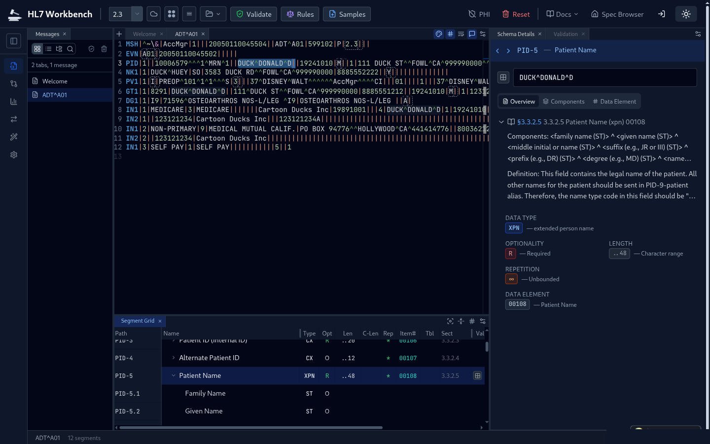 HL7 Workbench parser interface showing parsed ADT message with segment tree, field details, and syntax highlighting