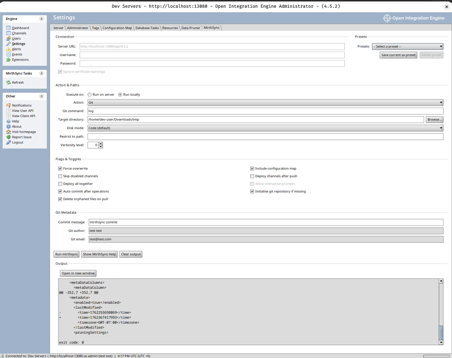 MirthSync Plugin main interface showing connection settings, action controls, and Git metadata options